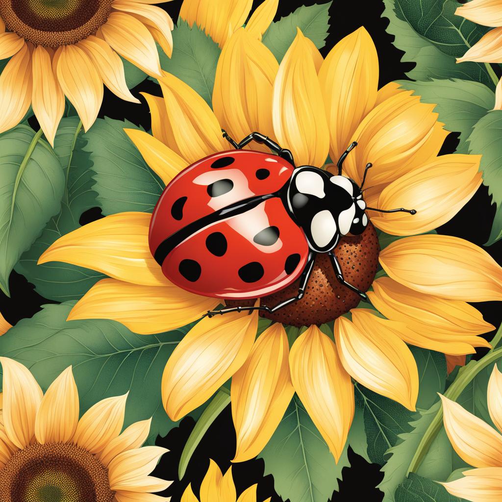 ladybug clipart - a spotted ladybug perched on a sunflower, amidst a lush garden in full bloom 