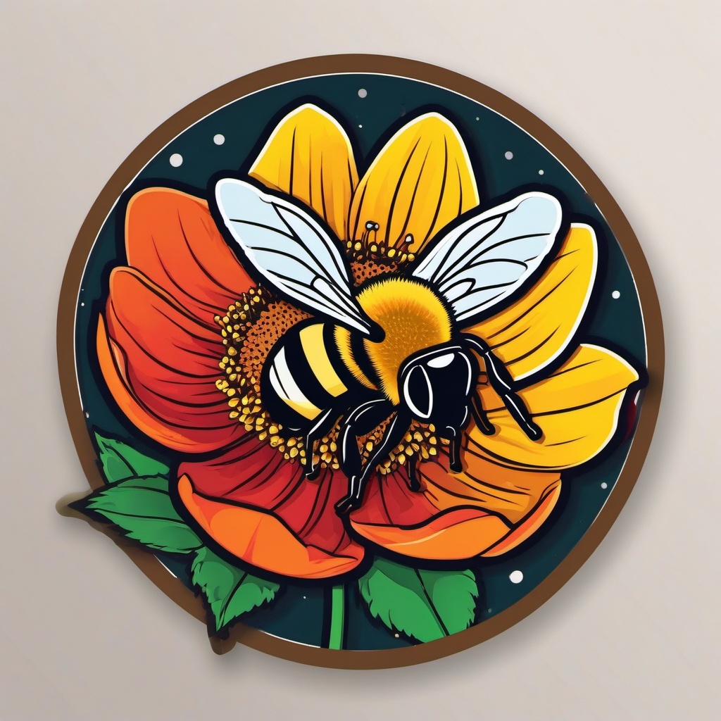 Bee with Flower Sticker - Bee hovering near a blooming flower, ,vector color sticker art,minimal