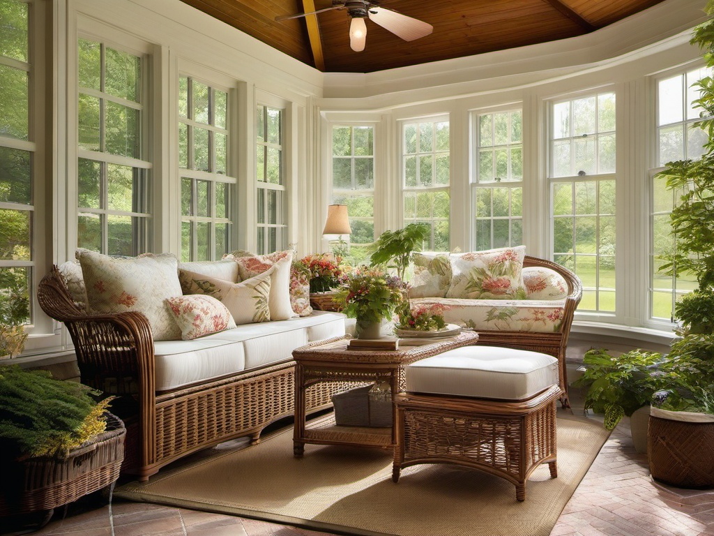 A sunroom with American Colonial interior design highlights comfortable wicker seating, floral patterns, and traditional decor that allows you to enjoy the outdoors in style.  