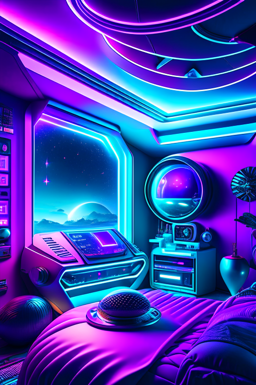 alien spaceship bedroom with holographic control panels and extraterrestrial artifacts. 