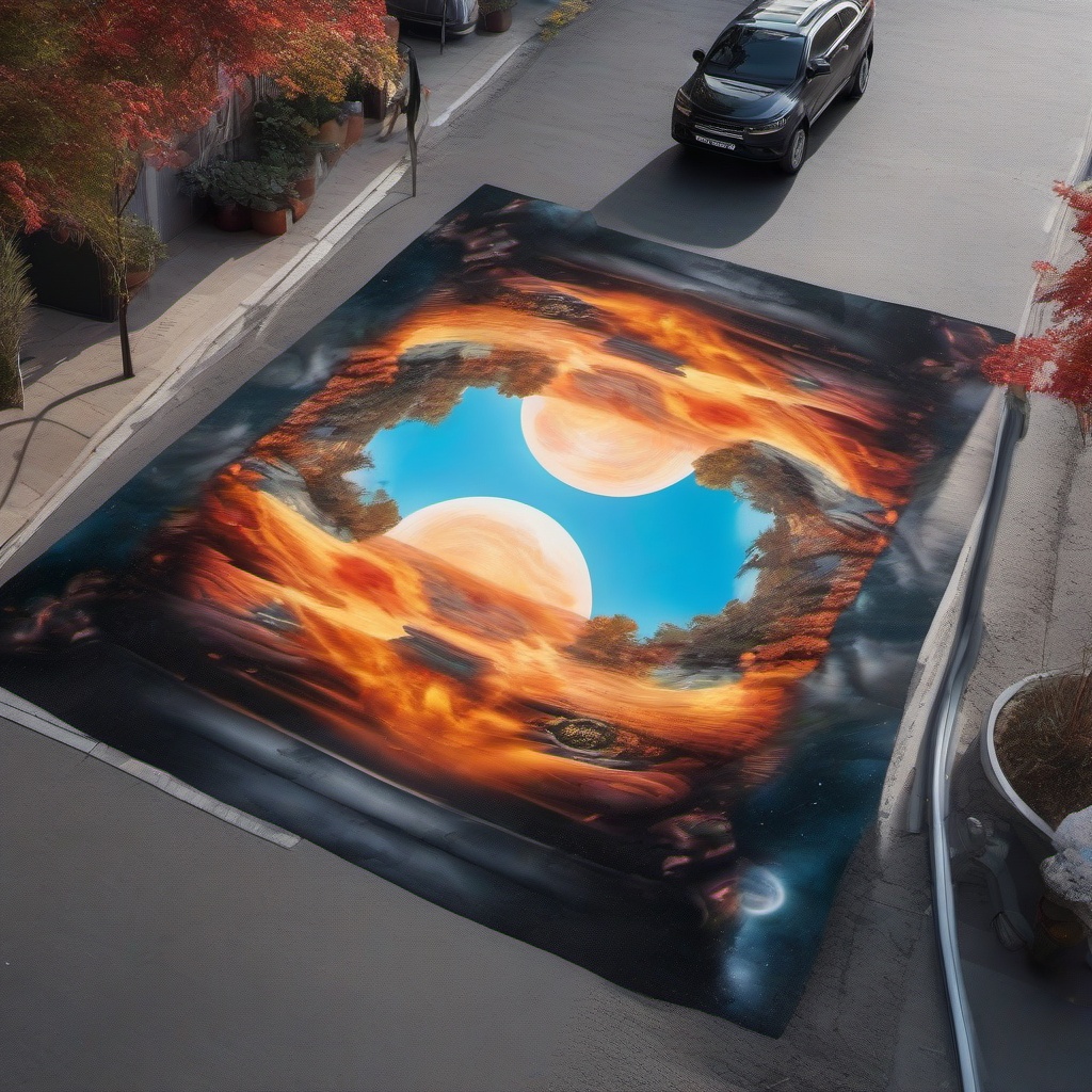 Street art featuring surreal imagery and dreamlike, fantastical scenes top view, product photoshoot realistic background, hyper detail, high resolution