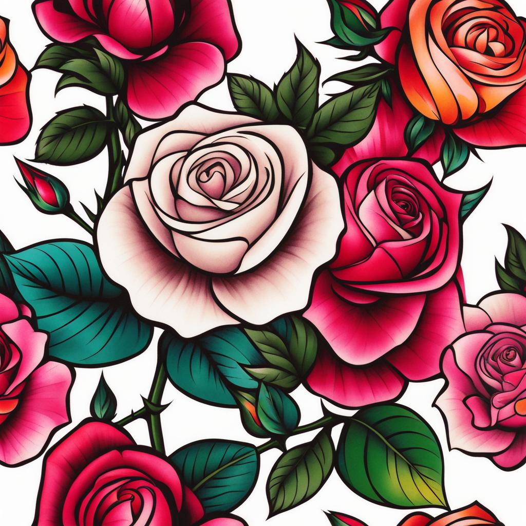 Neo traditional rose, Modern interpretations of traditional rose tattoos.  vivid colors, white background, tattoo design