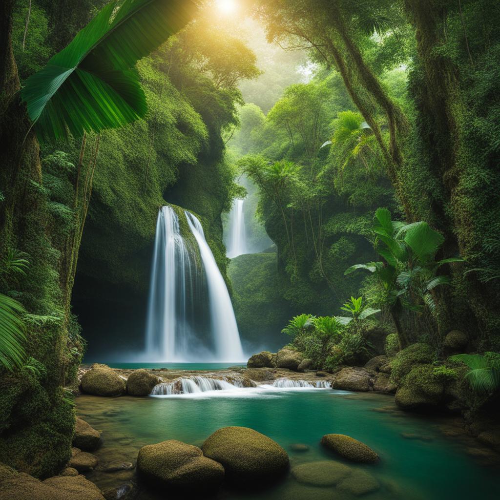 lush rainforest, teeming with vibrant foliage, exotic wildlife, and hidden waterfalls. 