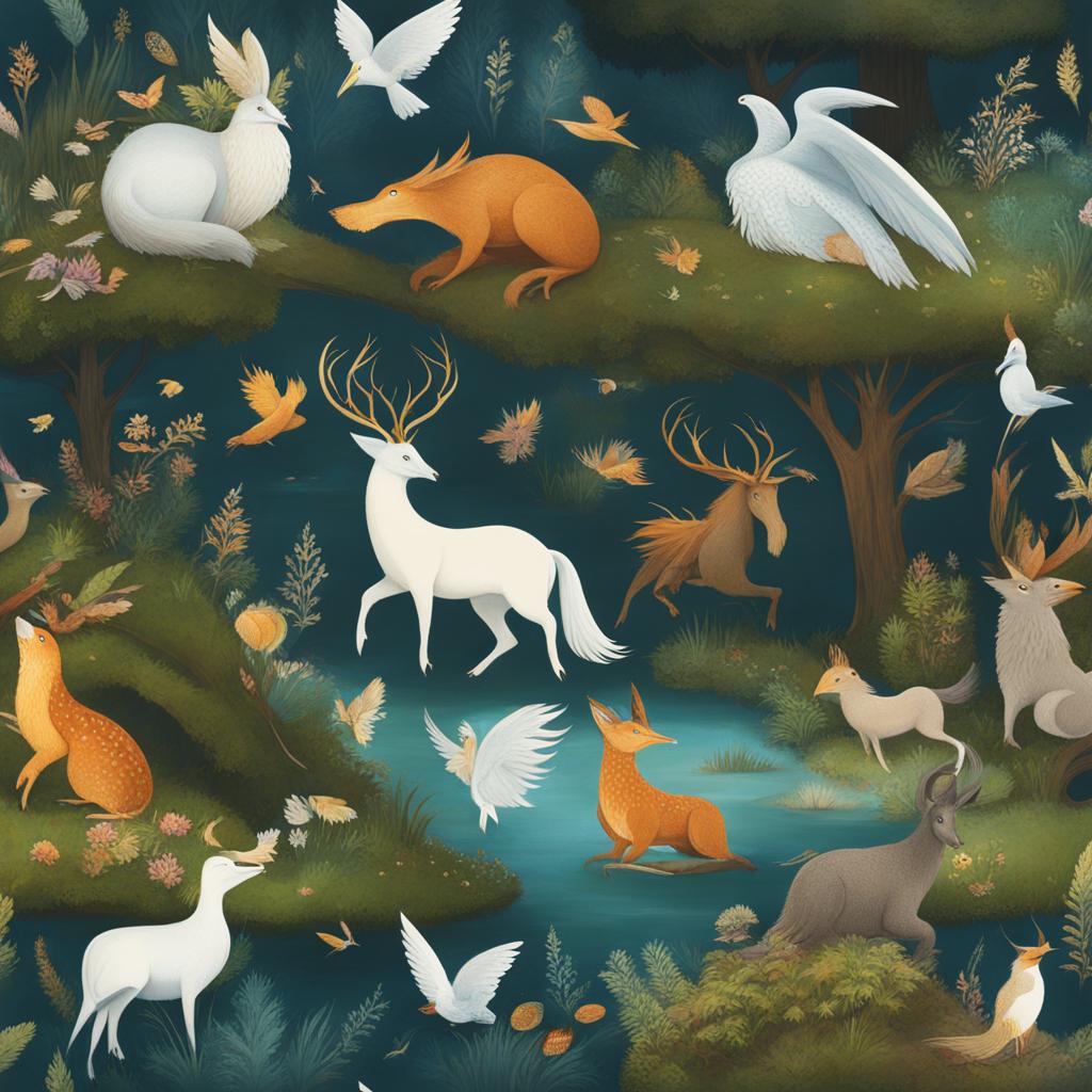 magical creatures - illustrate a scene filled with mythical and magical creatures from various folklore. 