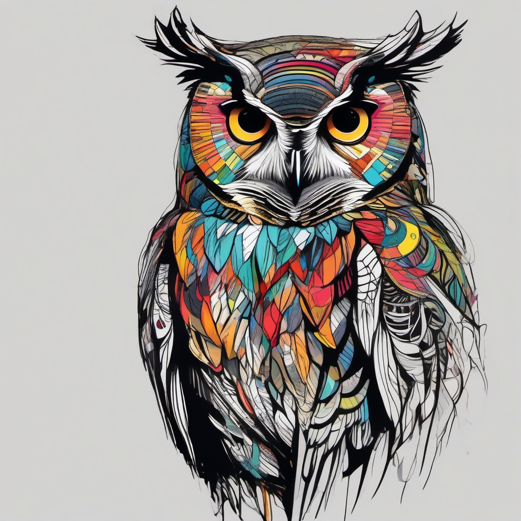 drawing of an owl with vibrant colors  minimal rough sketch scribbles,doodles,black and white