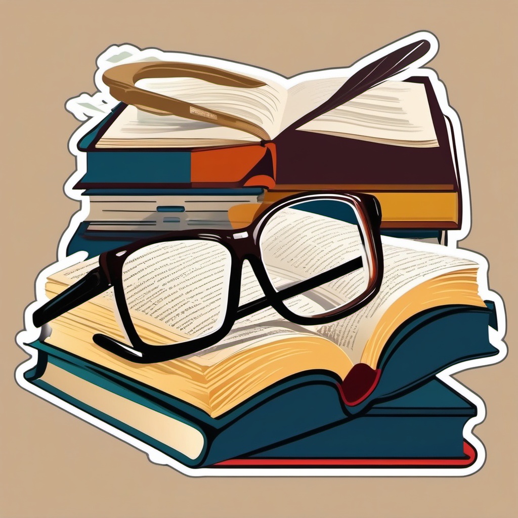 Book and Glasses Sticker - Open book with stylish reading glasses, ,vector color sticker art,minimal