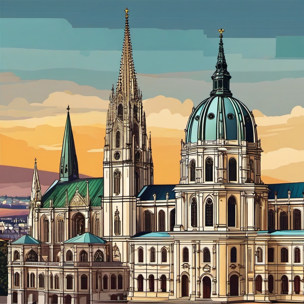 Vienna clipart - St. Stephen's Cathedral and Vienna cityscape,  color vector clipart