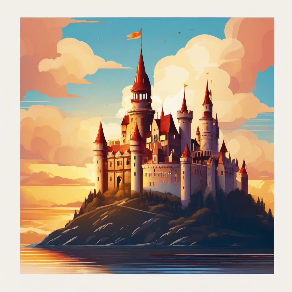 Shining castle at sunset clipart.  vector style illustration, white background