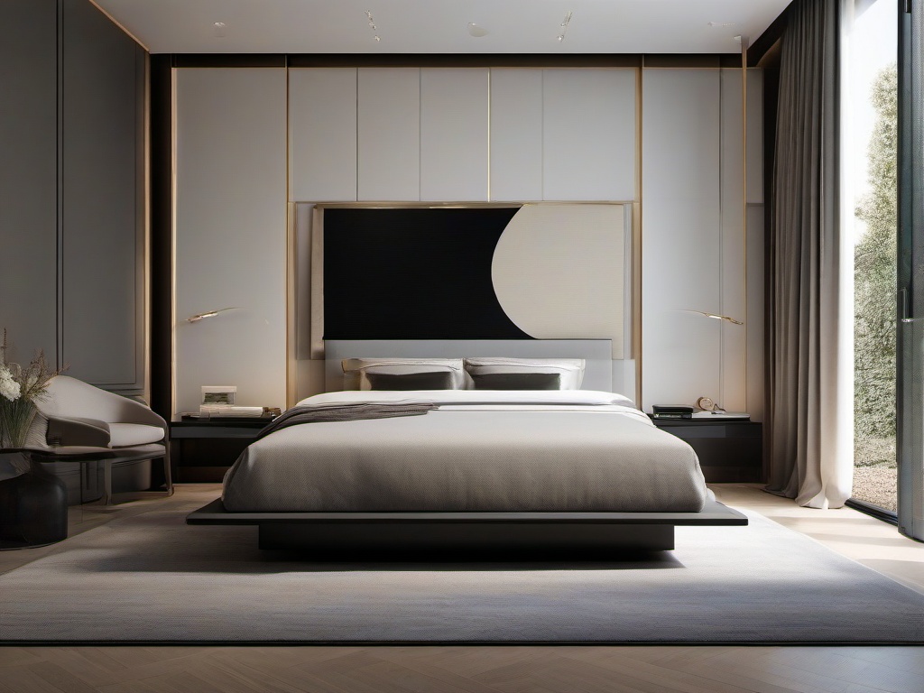 Minimalist bedroom embodies serenity with its Italian-made platform bed, high-end linens, and walls adorned with bespoke abstract art, creating a sanctuary of calm.  