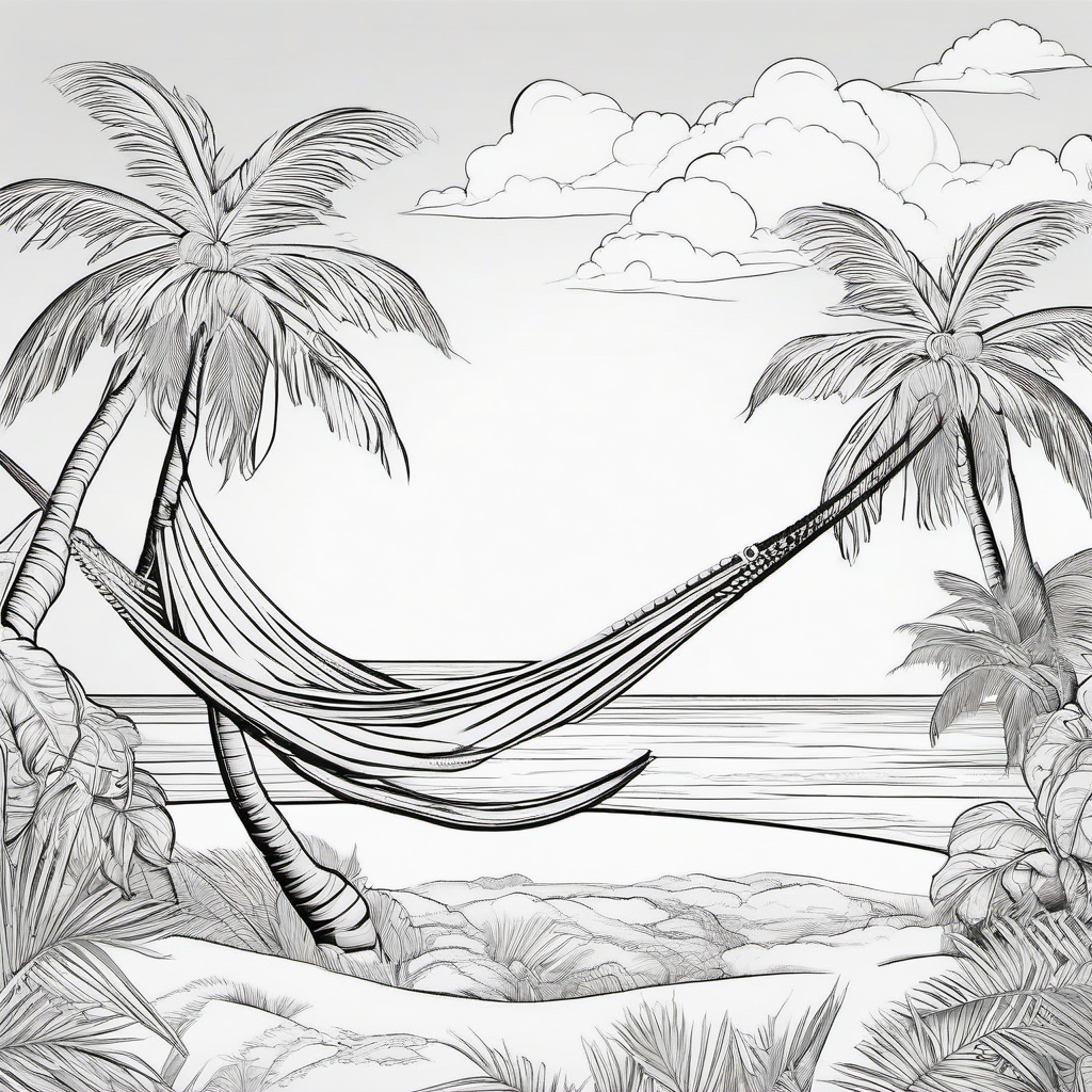 Summer Coloring Pages - Tropical island with a hammock strung between two palm trees  simple coloring pages