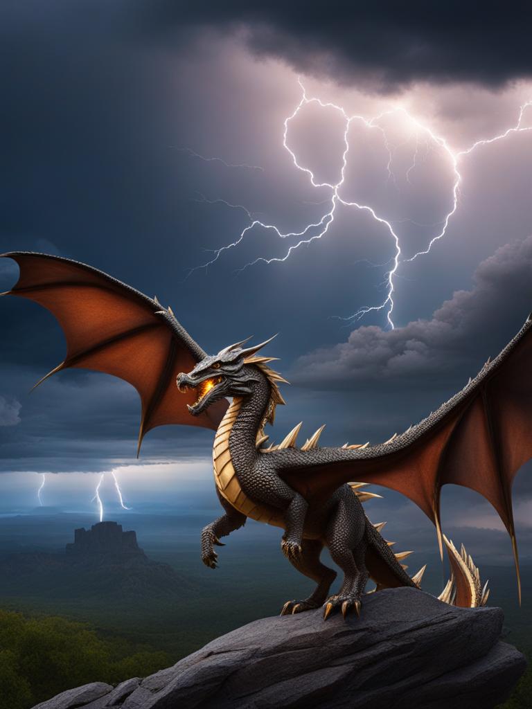 storm dragon riding on the thunderheads, commanding bolts of lightning as it surveys the stormy skies. 