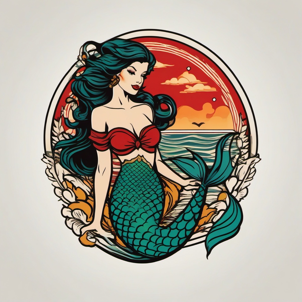 Mermaid Tattoo Sailor Jerry - Pay homage to the iconic style of Sailor Jerry with a mermaid-themed tattoo.  simple vector color tattoo,minimal,white background