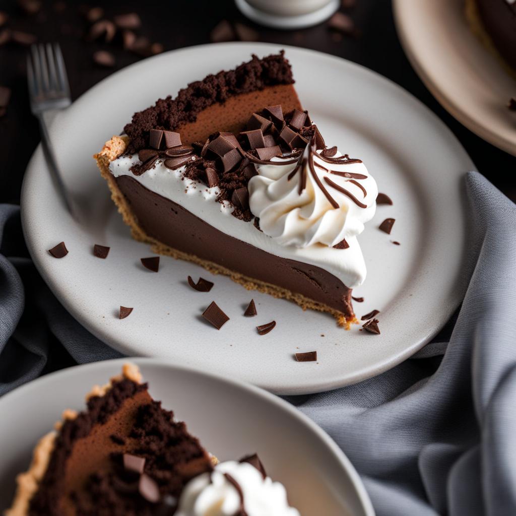 a slice of silky chocolate silk pie, topped with whipped cream and chocolate shavings. 