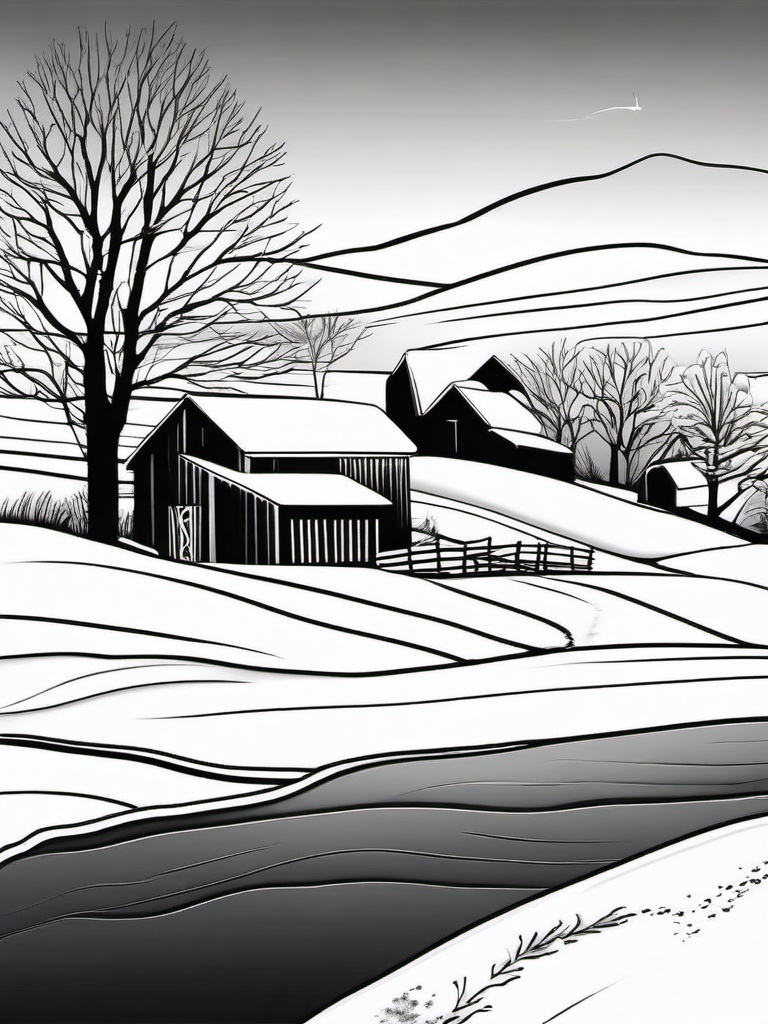 Winter Farm Coloring Pages - Snow-Covered Barns and Fields  minimal black outline printable sheet, coloring page