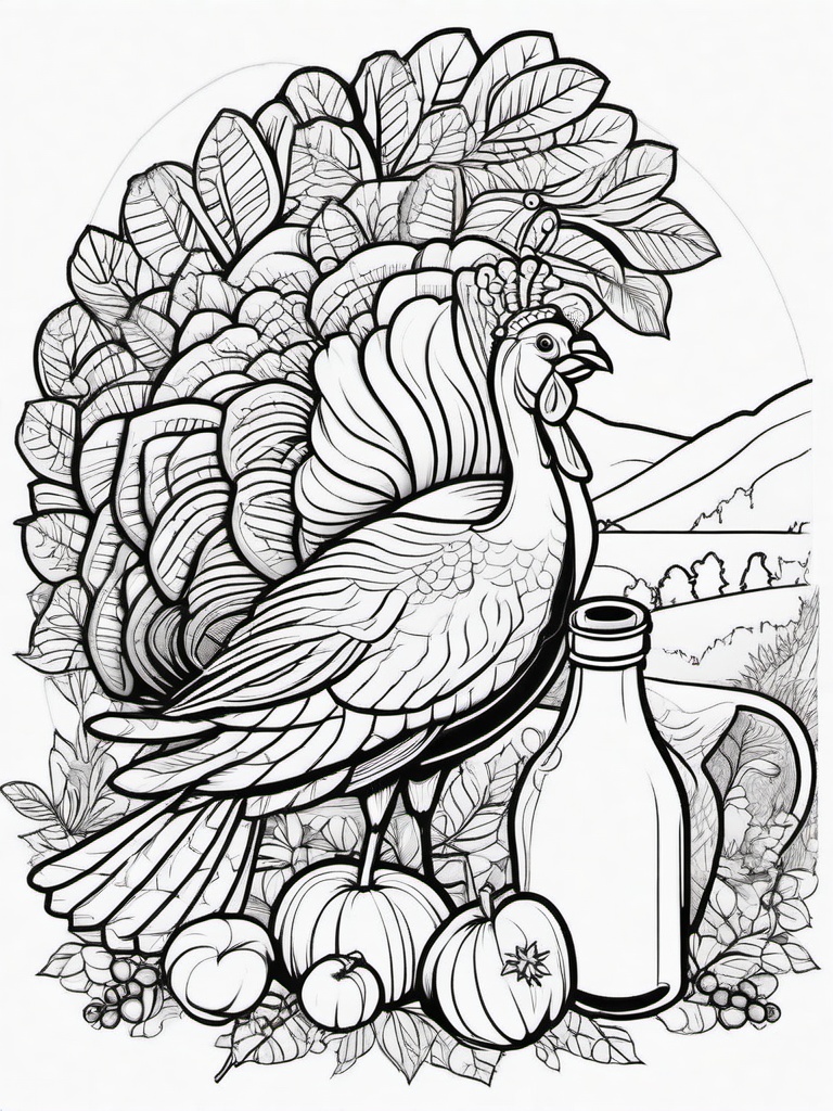 Turkey with a Cider Jug Coloring Pages - Fun Fall Scene with Turkey and Cider  minimal black outline printable sheet, coloring page