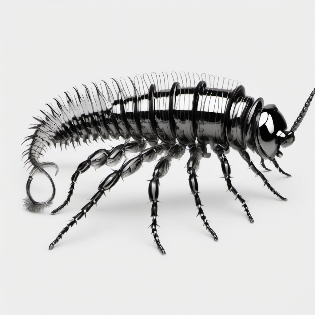 Centipede with metallic details tattoo: Industrial elegance meeting insect beauty.  black white tattoo, white background