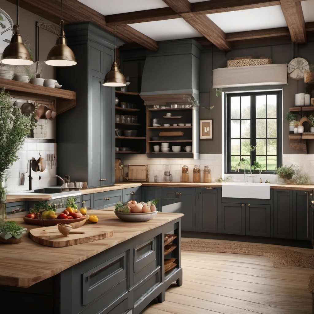 Classic Farmhouse Charm - Design a classic farmhouse kitchen with rustic elements. , kitchen layout design ideas, multicoloured, photo realistic, hyper detail, high resolution,