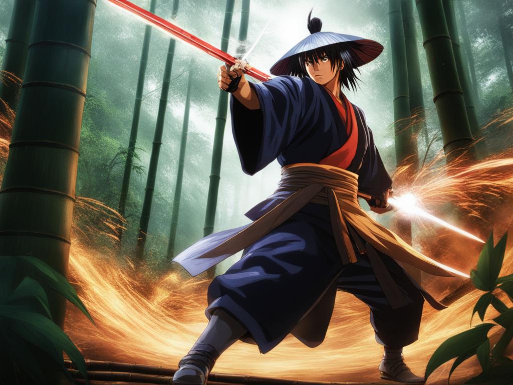 kenshin himura delivers lightning-fast strikes against foes on a bamboo forest path. 