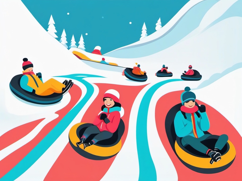 Snow Tubing Fun Clipart - Snow tubers enjoying a thrilling descent.  color vector clipart, minimal style