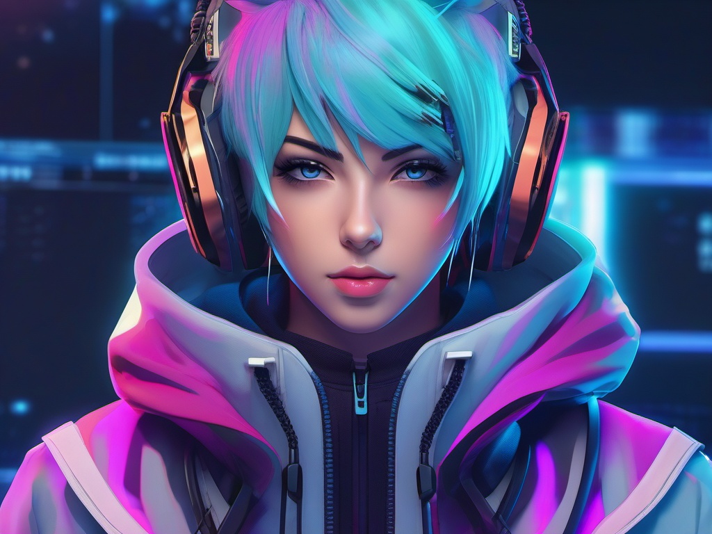 Futuristic cyber-hacker in a digital realm.  front facing ,centered portrait shot, cute anime color style, pfp, full face visible