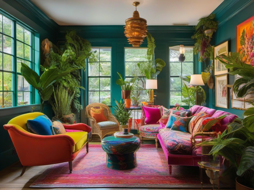 The garden room showcases maximalist interior design with an explosion of plant life, colorful decor, and eclectic furnishings that bring vibrancy and energy to indoor gardening.  