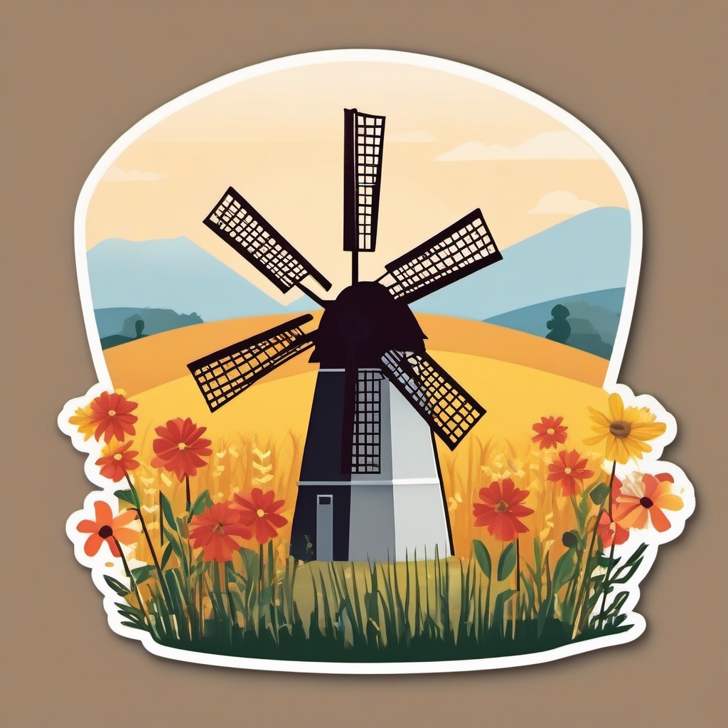 Rural Windmill and Wildflowers Emoji Sticker - Rustic charm amidst blooming fields, , sticker vector art, minimalist design