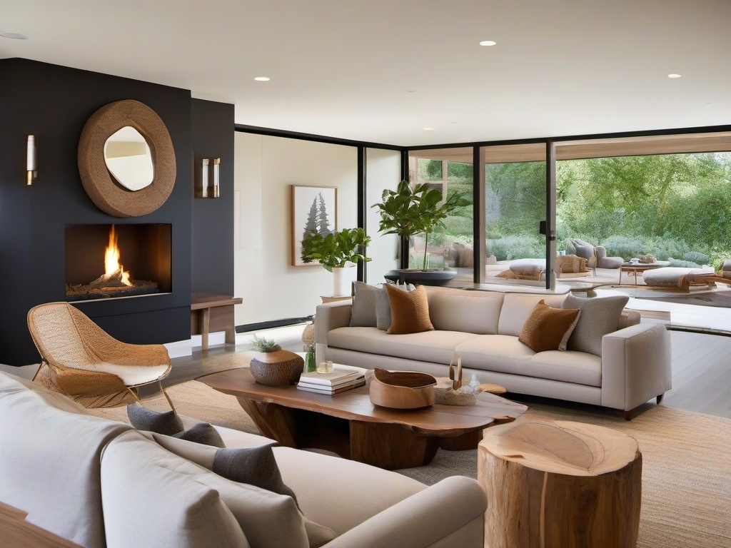 Organic Modern living room highlights natural materials, soothing colors, and simple designs, creating a calming space for relaxation and gatherings.  