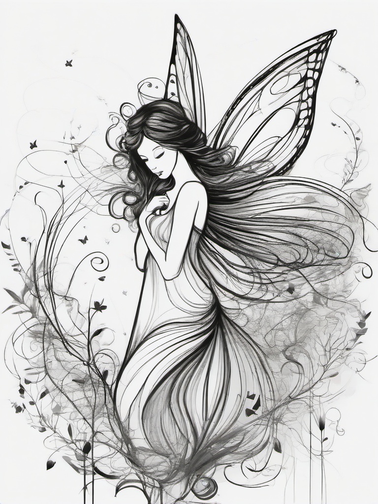 simple drawing of fairy  minimal rough sketch scribbles,doodles,black and white