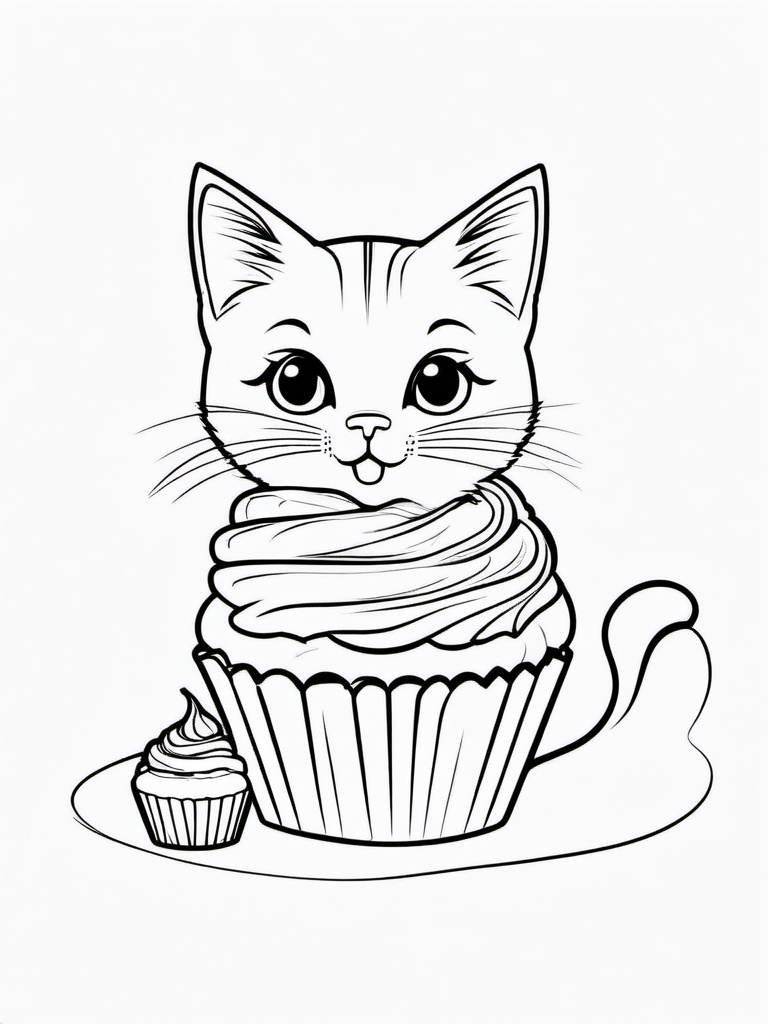 Kitty and a Cupcake Coloring Pages - Cute Kitten with a Delicious Cupcake  minimal black outline printable sheet, coloring page