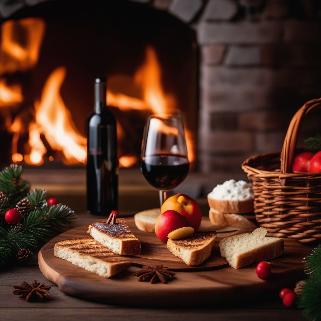 Winter Picnic by the Fireplace  background picture, close shot professional product  photography, natural lighting, canon lens, shot on dslr 64 megapixels sharp focus