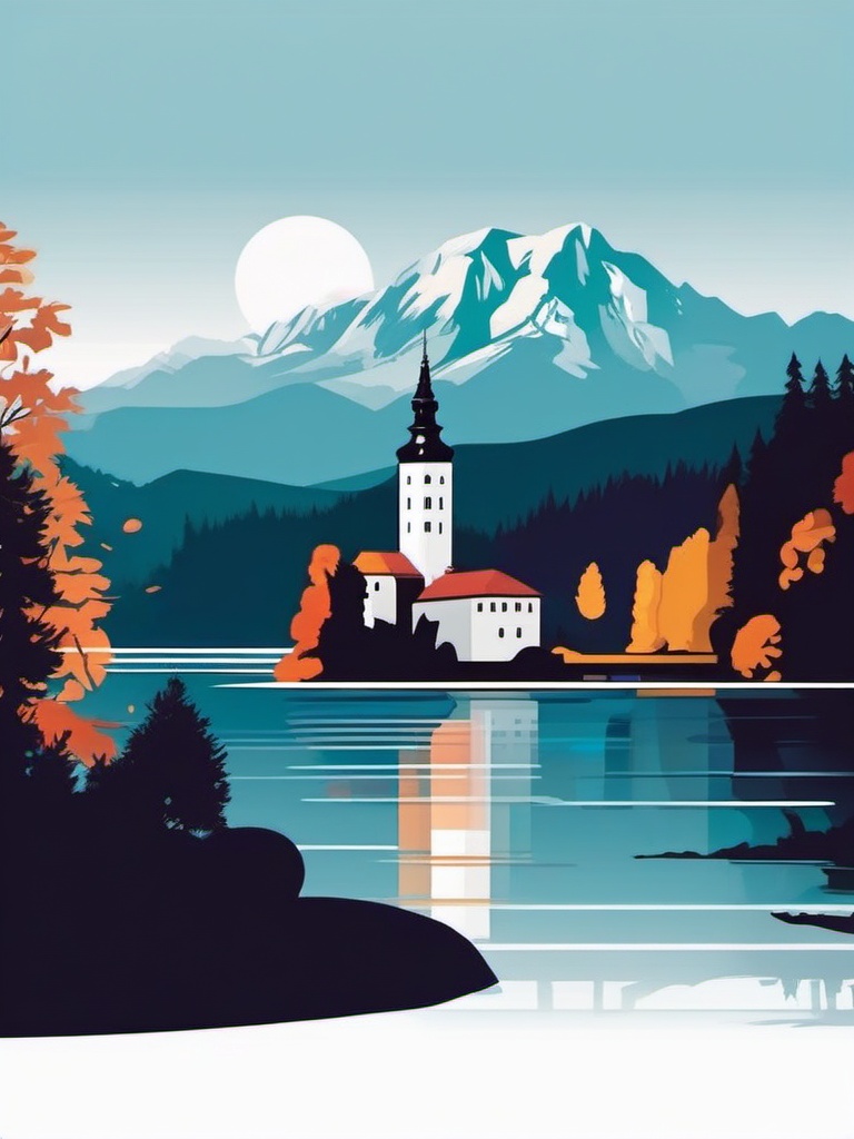 Lake Bled sticker- Alpine lake with a charming island and castle in Slovenia, , sticker vector art, minimalist design