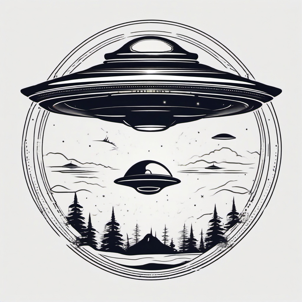 Alien and UFO Tattoo - Mystery and wonder evoked by a UFO and alien-themed tattoo.  simple color tattoo,vector style,white background