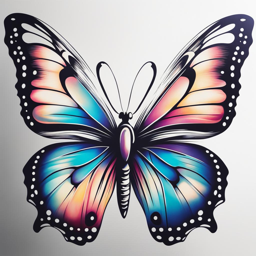 Flying butterfly tattoo, Tattoos capturing the grace and freedom of a flying butterfly.  viviid colors, white background, tattoo design