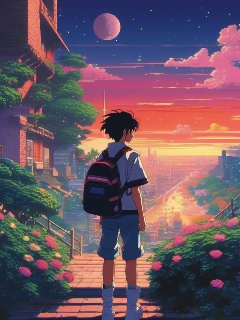 1990 Retro Anime Boy - In a pixelated dreamscape, finds courage and friendship.  1990s anime style