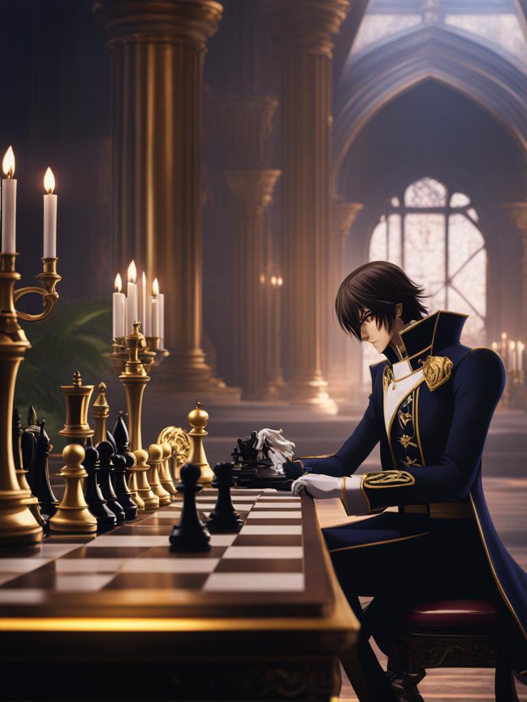 code geass,lelouch lamperouge,executing his brilliant tactical strategies,a high-stakes chess match detailed matte painting, deep color, fantastical, intricate detail, splash screen, complementary colors, fantasy concept art, 8k resolution trending on artstation unreal engine 5