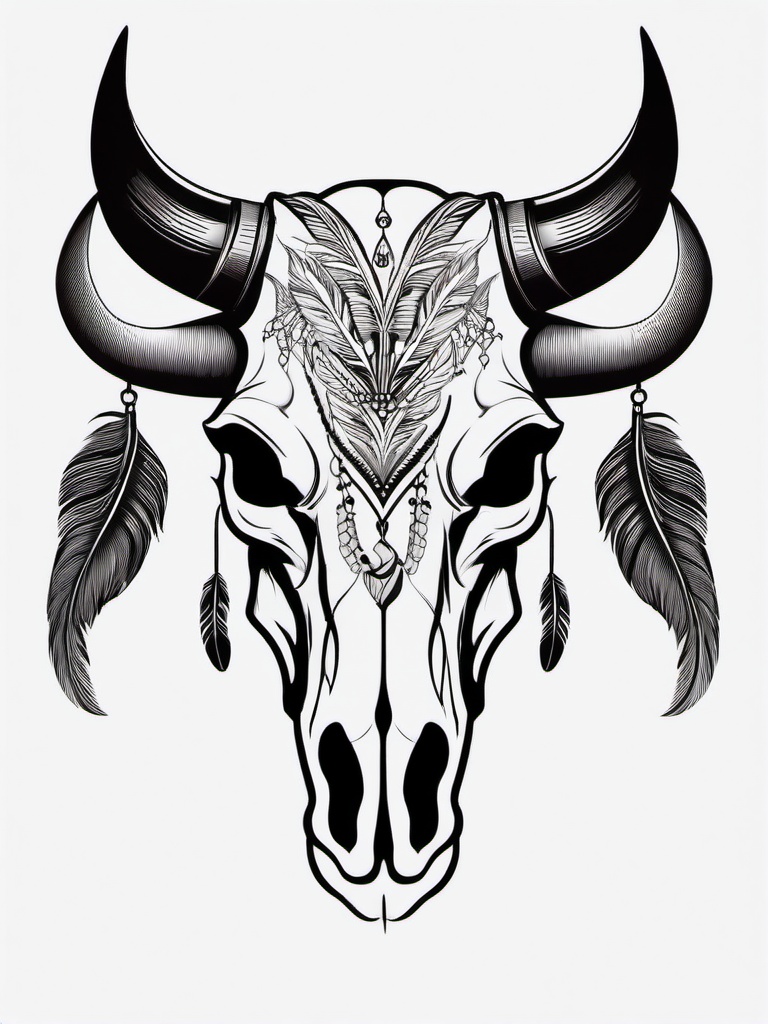 Bull Skull with Feathers Tattoo - Bull skull and feathers design.  simple vector tattoo,minimalist,white background