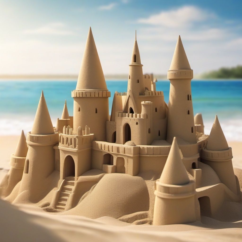 Beachside sandcastle building lessons close shot perspective view, photo realistic background, hyper detail, high resolution