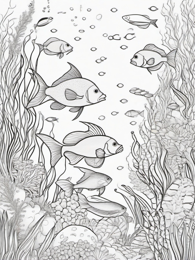 Sea Animal Coloring Pages - Fish hiding in a colorful underwater garden  simple coloring pages