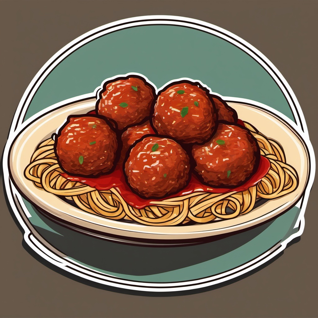 Spaghetti and Meatballs Sticker - Delight in a hearty plate of spaghetti and meatballs, covered in savory tomato sauce, , sticker vector art, minimalist design