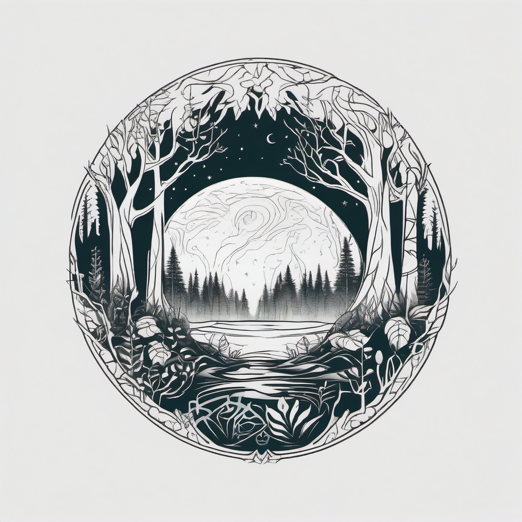 Mystical Forest Spirits - Earth-themed tattoo with mystical spirits dwelling within a forest.  outline color tattoo,minimal,white background