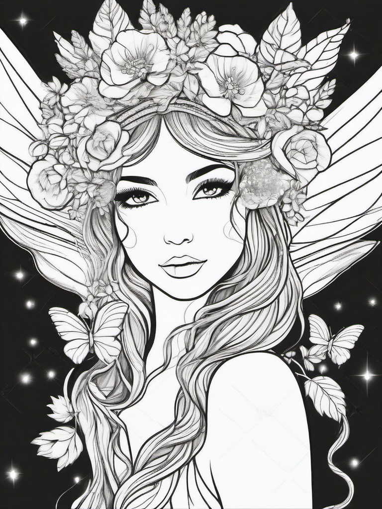 Fairy with Sparkling Flower Garland Coloring Pages - Fairy Wearing a Glowing Flower Garland  minimal black outline printable sheet, coloring page