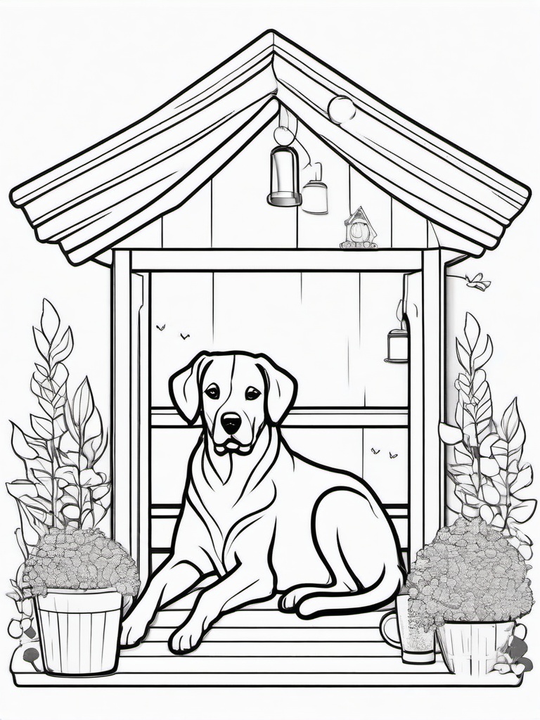 Dog in a Doghouse Coloring Pages - Cozy Pup Relaxing at Home  minimal black outline printable sheet, coloring page