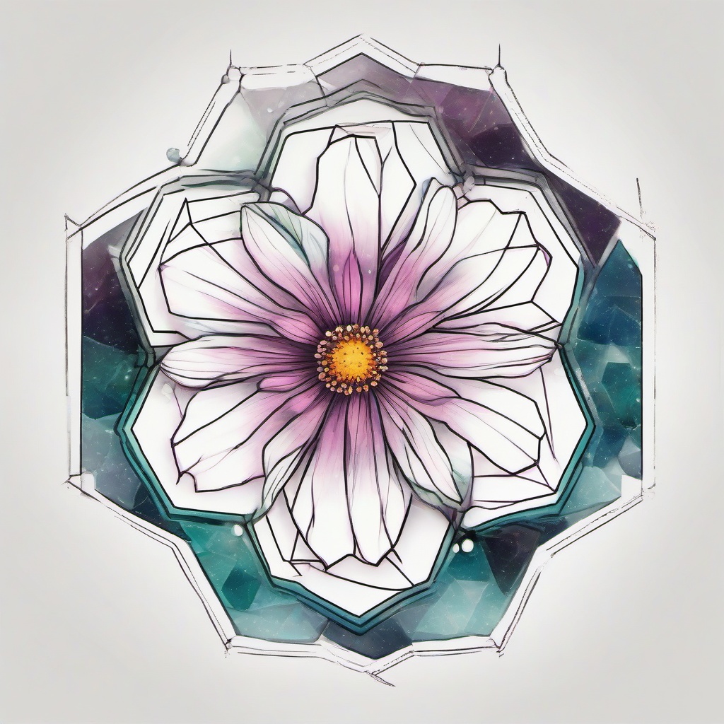 Cosmos flower cutting laying overtop of 3 stacked equilateral hexagons  ,tattoo design, white background