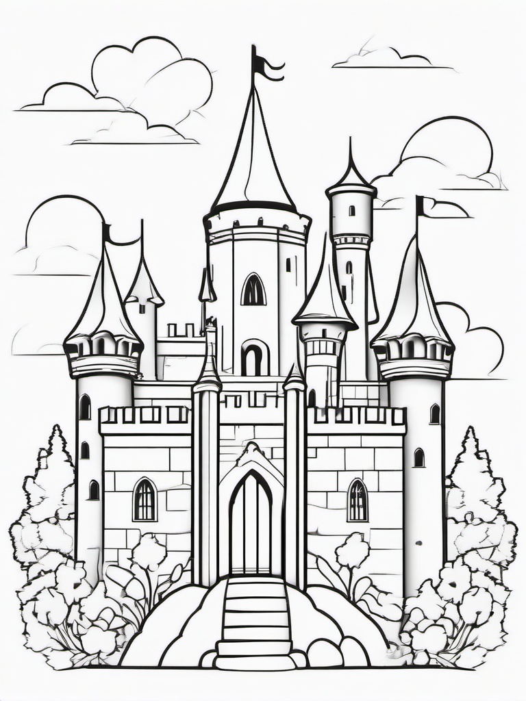 Princess Castle Coloring Pages - Beautiful Castle Surrounded by Magic  minimal black outline printable sheet, coloring page