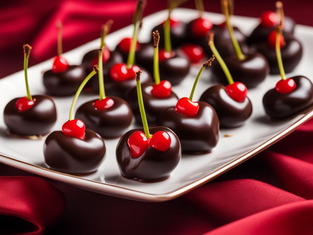 a platter of delicate chocolate-covered cherries, each with a juicy maraschino cherry inside. 