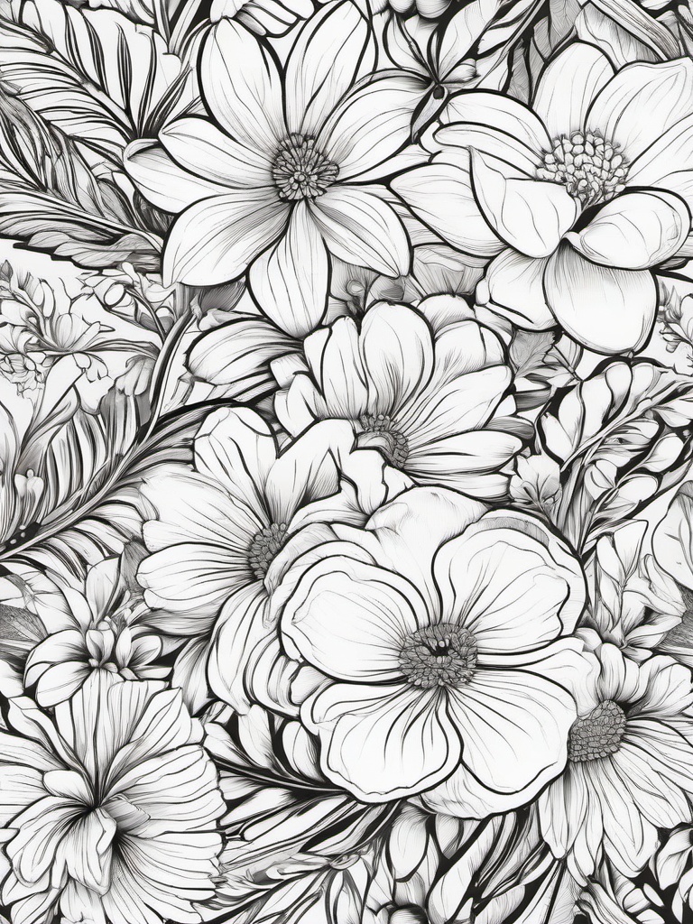 Floral Summer Blossoms - Vivid blooms that thrive in warm weather.  outling,coloring pages,black and white