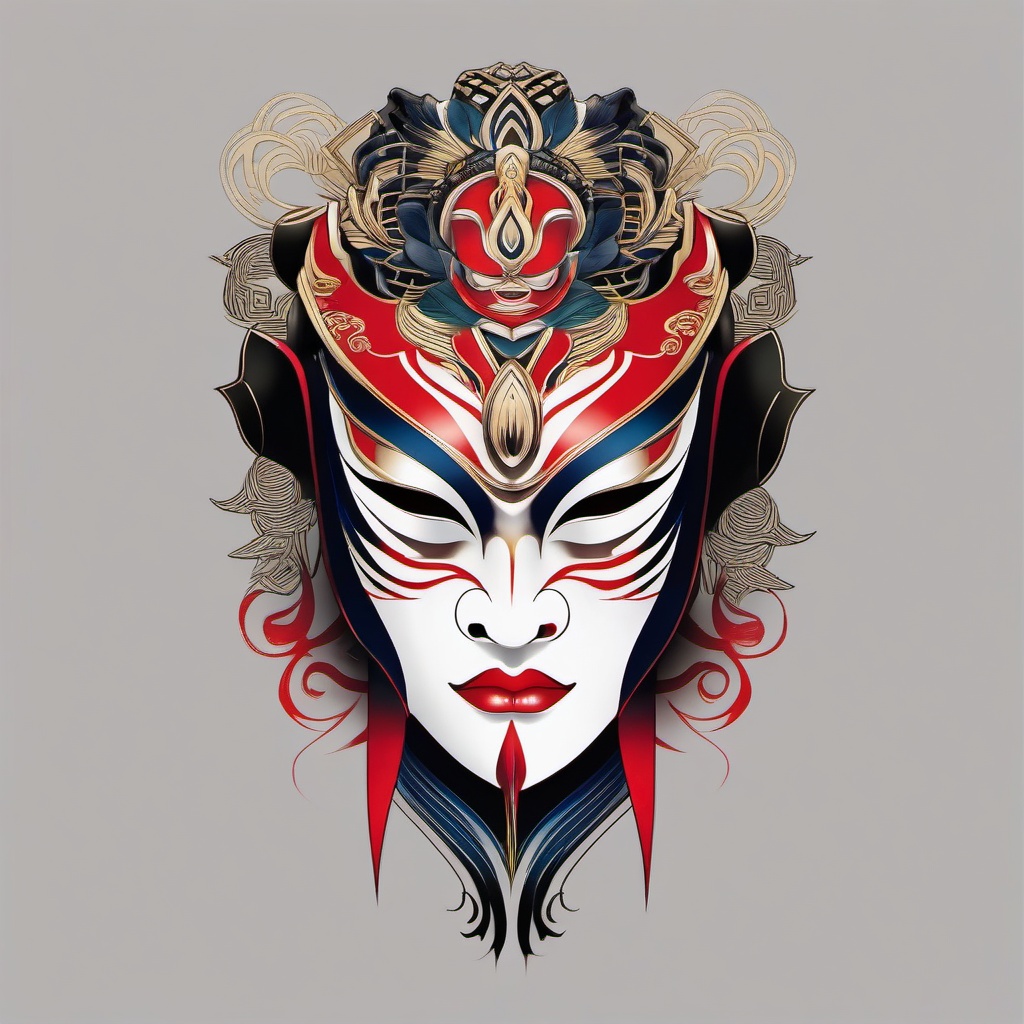 kabuki mask tattoo  simple color tattoo,white background,minimal