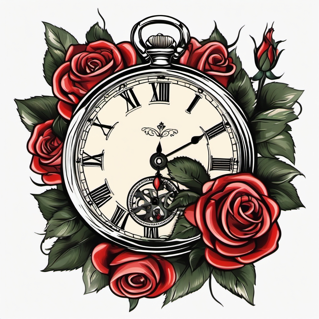 Pocket watch and roses tattoo.  color tattoo minimalist white background