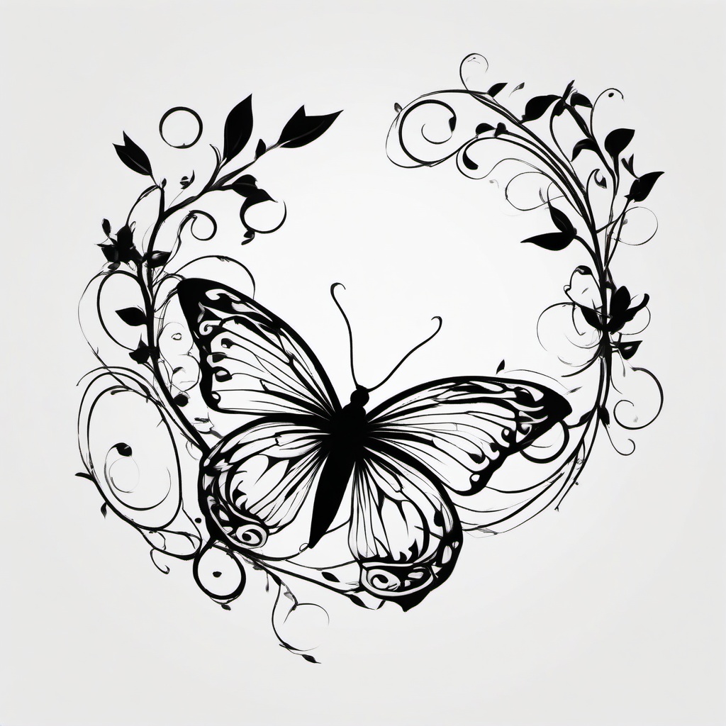 butterfly and vine tattoo designs  simple color tattoo, minimal, white background