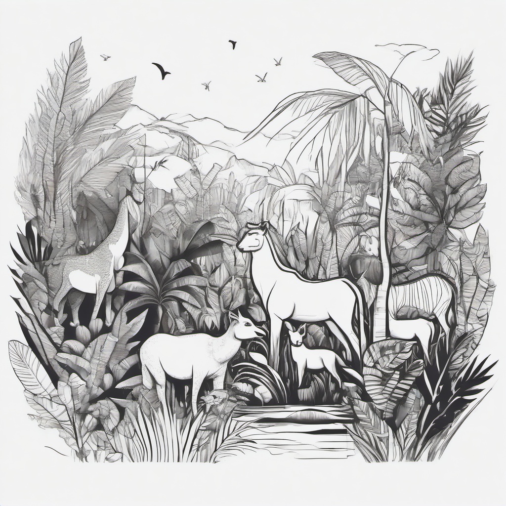 drawing of various animals in a jungle  minimal rough sketch scribbles,doodles,black and white